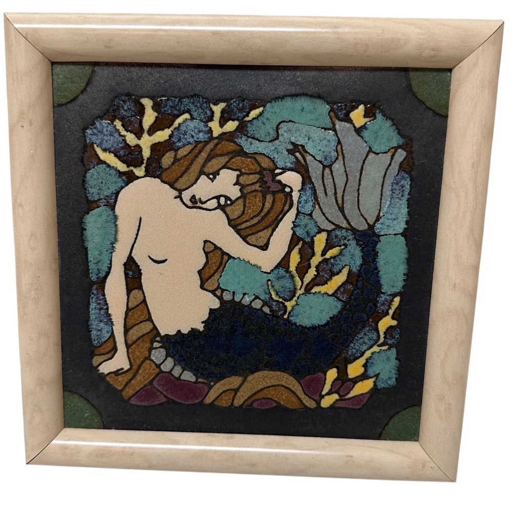 Vintage Mermaid Ceramic Tile Framed Wall Art Nautical Coastal Decor 8x8